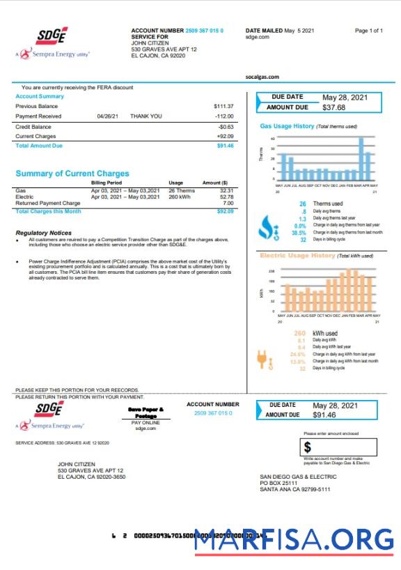 Realistic USA California San Diego Gas & Electric (SDG&E) utility bill template in Word and PDF format
